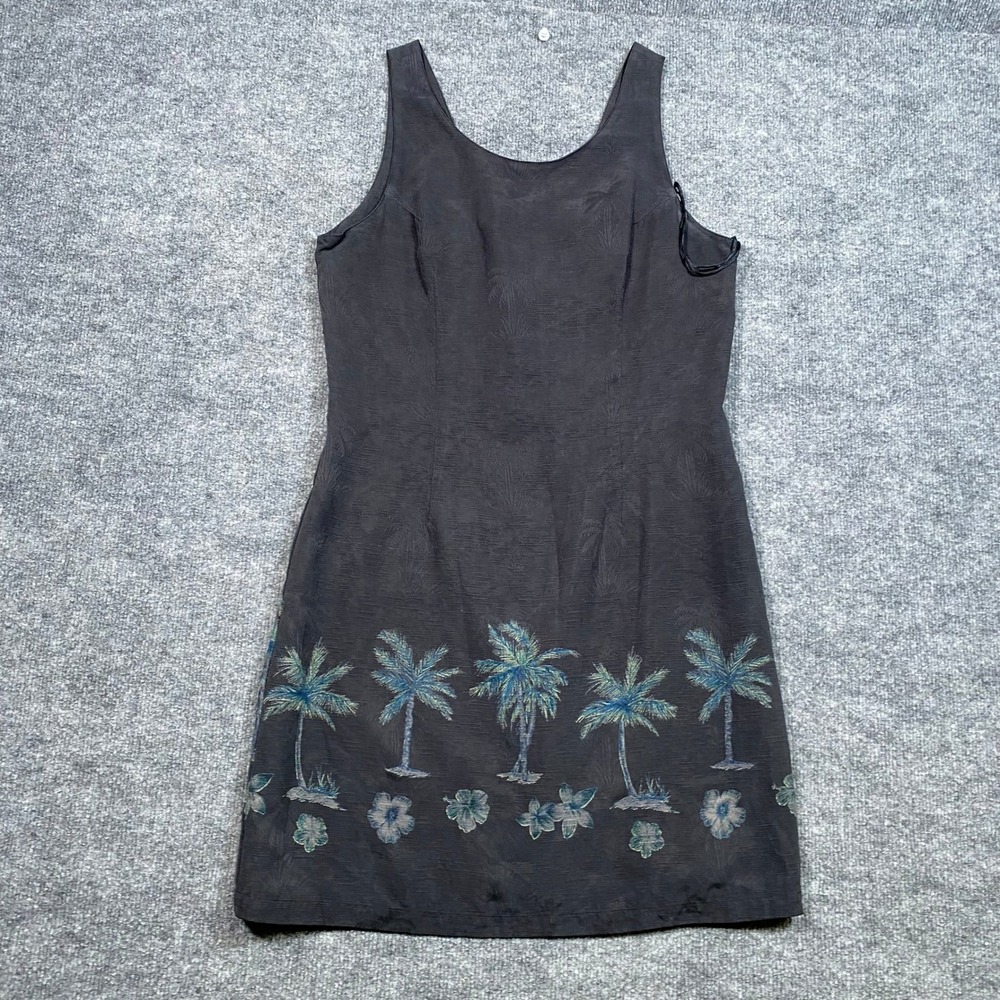 Pineapple Moon Vintage 100% Silk Embroidered Palm Tree Shift Dress‎ Gray Medium
